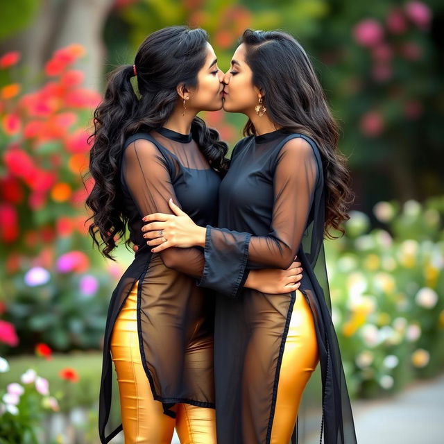 A close-up scene featuring two Indian teenage girls sharing a moment of affection, embracing in a kiss