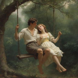 Recreate Pierre-Auguste Cot's 'Springtime', a romantic painting showcasing a young man and woman on a swing amidst a lush, vibrant forest, imbued with an antique aesthetic