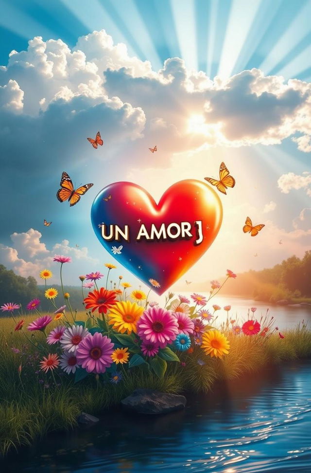 A vibrant scene depicting a large, glossy heart with the word 'Love' written in elegant font, surrounded by a colorful array of flowers including daisies and tulips