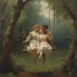 Recreate Pierre-Auguste Cot's 'Springtime', a romantic painting showcasing a young man and woman on a swing amidst a lush, vibrant forest, imbued with an antique aesthetic