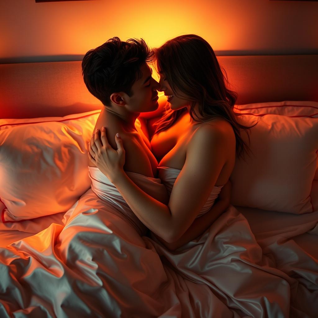 A sensual and intimate scene featuring a couple in a beautifully lit bedroom, surrounded by soft, romantic lighting