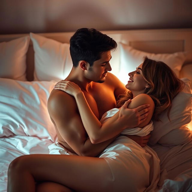 A sensual and intimate scene featuring a couple in a beautifully lit bedroom, surrounded by soft, romantic lighting