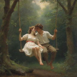 Recreate Pierre-Auguste Cot's 'Springtime', a romantic painting showcasing a young man and woman on a swing amidst a lush, vibrant forest, imbued with an antique aesthetic