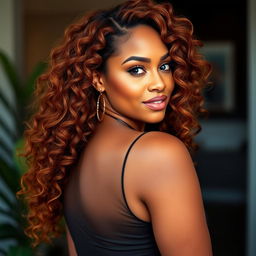 A sexy woman standing at 5’4’’ with a light olive complexion, showcasing her natural long auburn 4B curly hair that cascades down her back in beautiful waves