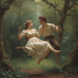 Recreate Pierre-Auguste Cot's 'Springtime', a romantic painting showcasing a young man and woman on a swing amidst a lush, vibrant forest, imbued with an antique aesthetic