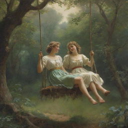 Reproduce the romantic artwork 'Springtime' by Pierre-Auguste Cot, featuring a youthful couple on a swing enveloped by a verdant forest, embodying an antique aesthetic