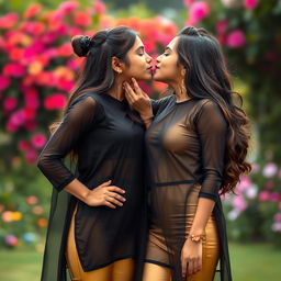 A close-up scene featuring two Indian teenage girls sharing a sweet moment of affection, delicately kissing each other