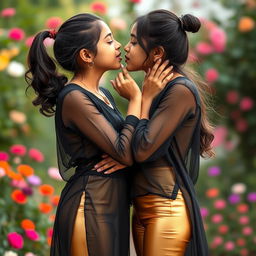 A close-up scene featuring two Indian teenage girls sharing a sweet moment of affection, delicately kissing each other