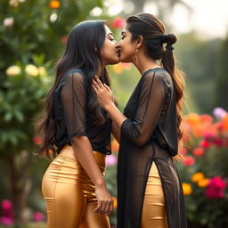 A close-up scene featuring two Indian teenage girls sharing a sweet moment of affection, delicately kissing each other