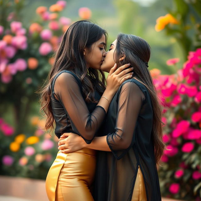 A close-up scene featuring two Indian teenage girls sharing a sweet moment of affection, delicately kissing each other