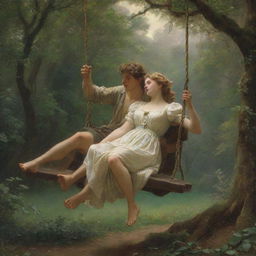 Reproduce the romantic artwork 'Springtime' by Pierre-Auguste Cot, featuring a youthful couple on a swing enveloped by a verdant forest, embodying an antique aesthetic