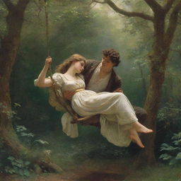 Reproduce the romantic artwork 'Springtime' by Pierre-Auguste Cot, featuring a youthful couple on a swing enveloped by a verdant forest, embodying an antique aesthetic