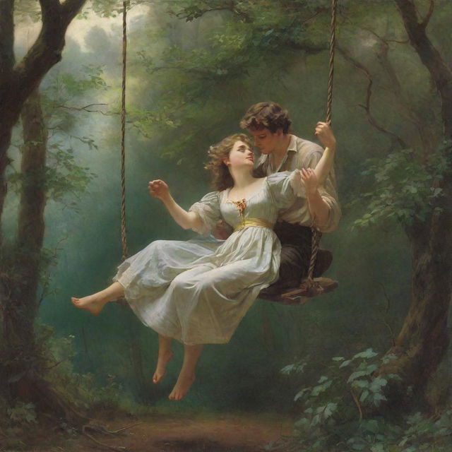 Reproduce the romantic artwork 'Springtime' by Pierre-Auguste Cot, featuring a youthful couple on a swing enveloped by a verdant forest, embodying an antique aesthetic