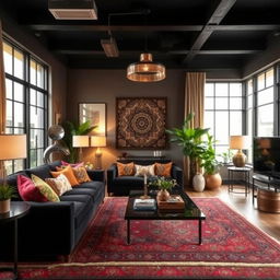 A stylish bohemian design living room featuring luxurious black furniture