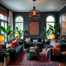 A stylish bohemian design living room featuring luxurious black furniture