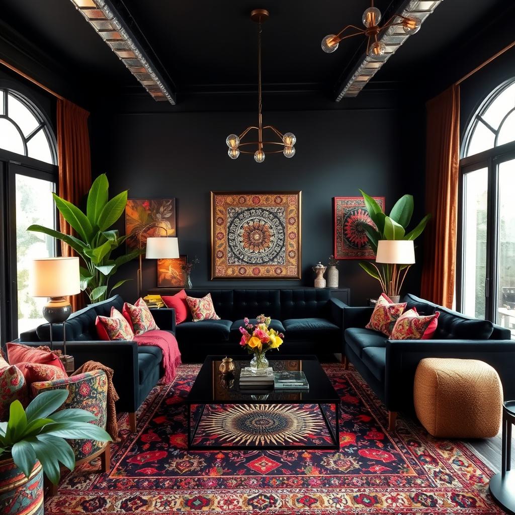 A stylish bohemian design living room featuring luxurious black furniture