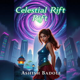 Book cover for 'Celestial Rift' by Ashish Badole, depicting the vibrant skyscrapers of Nova Prime and its bioluminescent gardens illuminated under a dramatic swirling cosmic rift