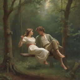 Recreate Pierre-Auguste Cot's 'Springtime', an idyllic scene of a couple on a swing in a lush forest, with a classic French art aesthetic