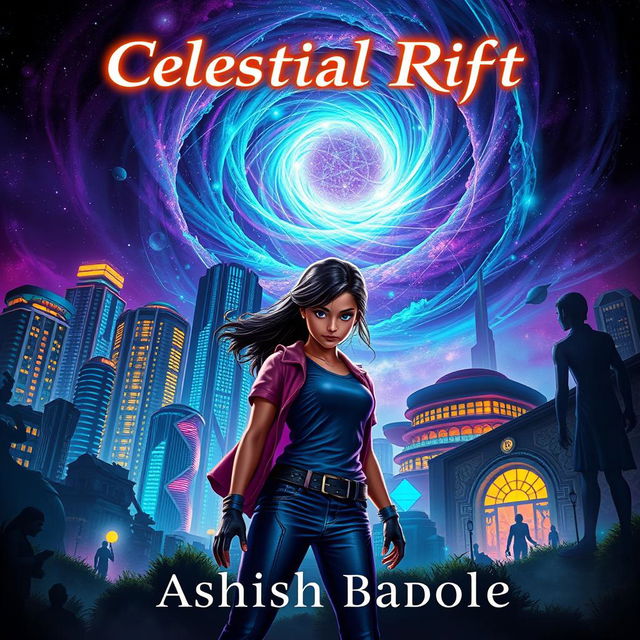 Book cover for 'Celestial Rift' by Ashish Badole, depicting the vibrant skyscrapers of Nova Prime and its bioluminescent gardens illuminated under a dramatic swirling cosmic rift