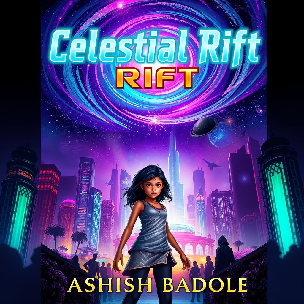 Book cover for 'Celestial Rift' by Ashish Badole, depicting the vibrant skyscrapers of Nova Prime and its bioluminescent gardens illuminated under a dramatic swirling cosmic rift