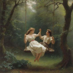 Recreate Pierre-Auguste Cot's 'Springtime', an idyllic scene of a couple on a swing in a lush forest, with a classic French art aesthetic