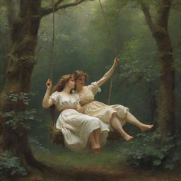 Recreate Pierre-Auguste Cot's 'Springtime', an idyllic scene of a couple on a swing in a lush forest, with a classic French art aesthetic