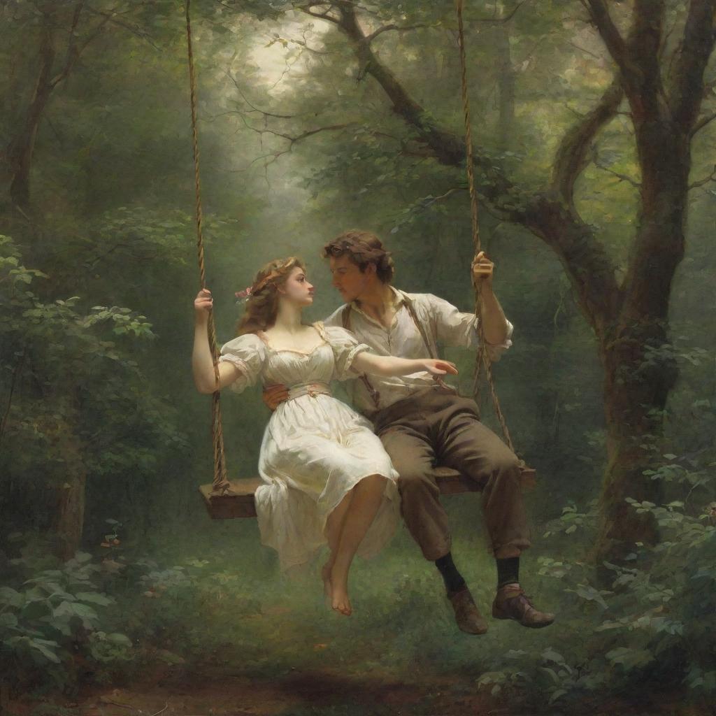 Recreate Pierre-Auguste Cot's 'Springtime', an idyllic scene of a couple on a swing in a lush forest, with a classic French art aesthetic