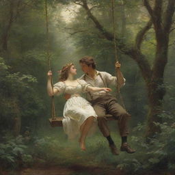 Recreate Pierre-Auguste Cot's 'Springtime', an idyllic scene of a couple on a swing in a lush forest, with a classic French art aesthetic