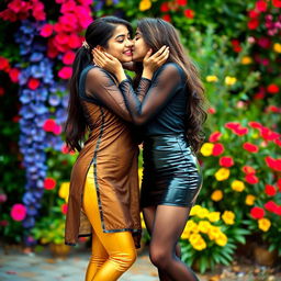 A vibrant scene featuring two Indian teenage girls sharing a playful and affectionate kiss