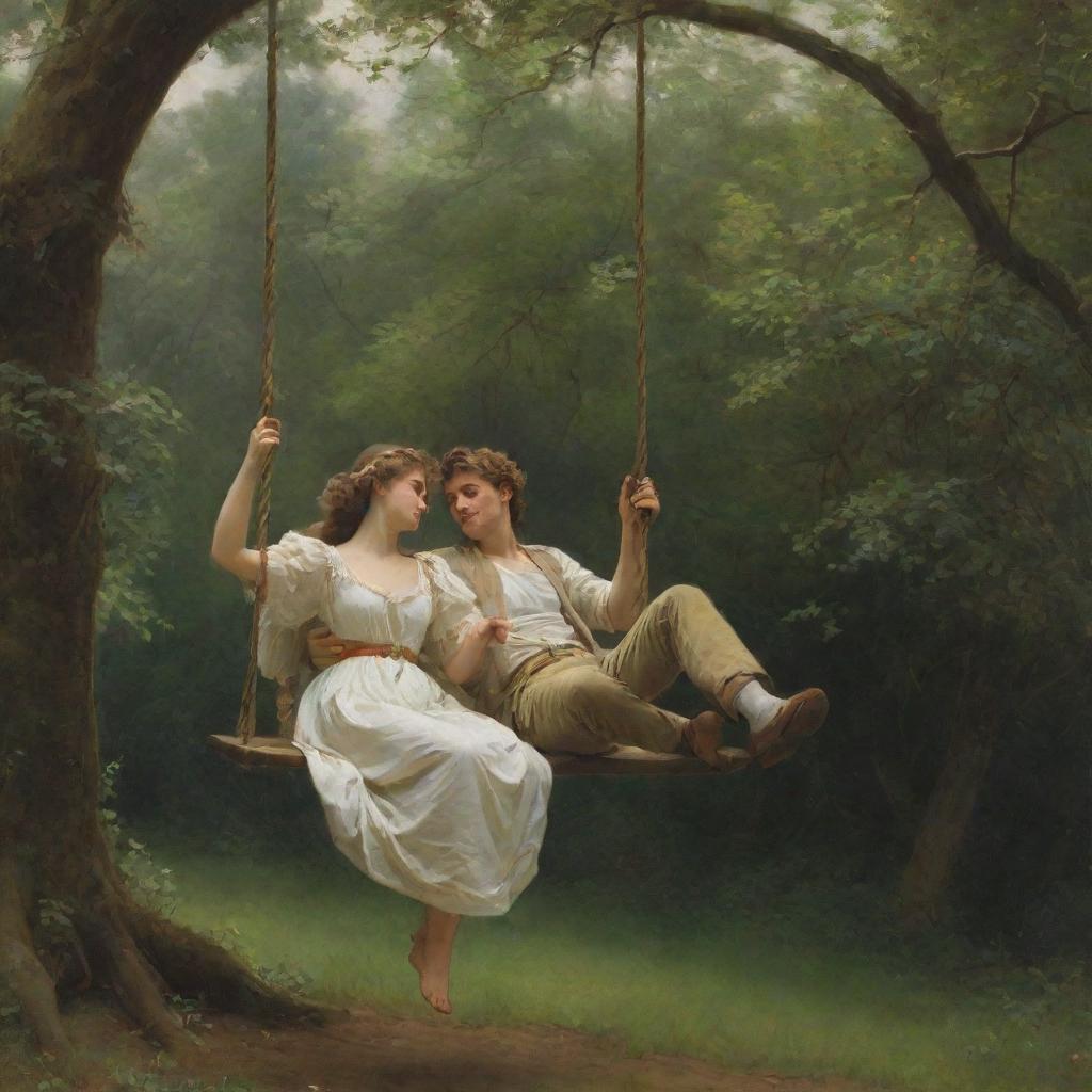 Replicate Pierre-Auguste Cot's 'Springtime', capturing the blissful scene of a young couple on a swing surrounded by the splendors of a verdant woodland with an antique aesthetic