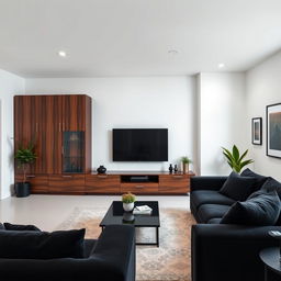 A modern living room featuring sleek black furniture and contrasting white walls