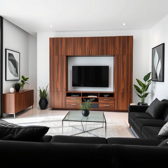 A modern living room featuring sleek black furniture and contrasting white walls