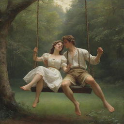 Replicate Pierre-Auguste Cot's 'Springtime', capturing the blissful scene of a young couple on a swing surrounded by the splendors of a verdant woodland with an antique aesthetic