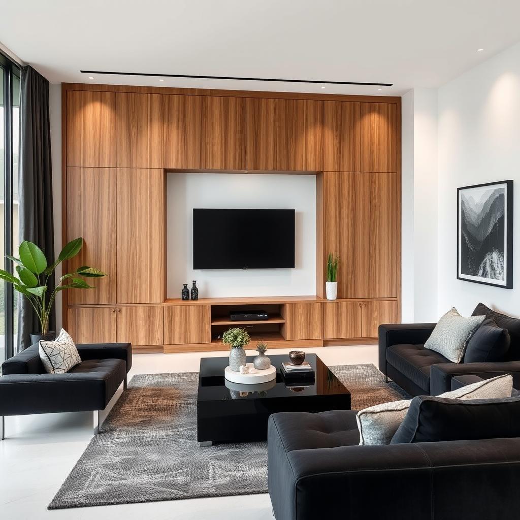 A modern living room featuring sleek black furniture and contrasting white walls