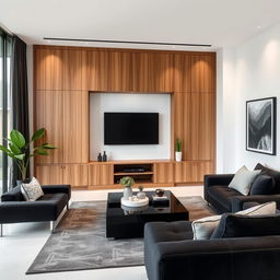 A modern living room featuring sleek black furniture and contrasting white walls