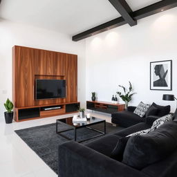 A modern living room featuring sleek black furniture and contrasting white walls