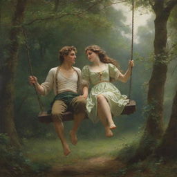 Replicate Pierre-Auguste Cot's 'Springtime', capturing the blissful scene of a young couple on a swing surrounded by the splendors of a verdant woodland with an antique aesthetic