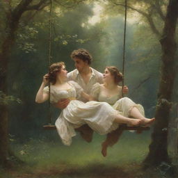 Replicate Pierre-Auguste Cot's 'Springtime', capturing the blissful scene of a young couple on a swing surrounded by the splendors of a verdant woodland with an antique aesthetic