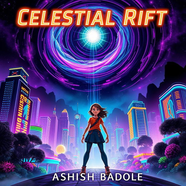 Book cover for 'Celestial Rift' featuring Nova Prime's vibrant skyscrapers and bioluminescent gardens illuminated under a swirling cosmic rift