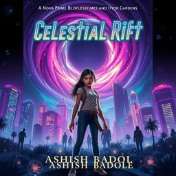 Book cover for 'Celestial Rift' featuring Nova Prime's vibrant skyscrapers and bioluminescent gardens illuminated under a swirling cosmic rift