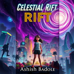 Book cover for 'Celestial Rift' featuring Nova Prime's vibrant skyscrapers and bioluminescent gardens illuminated under a swirling cosmic rift