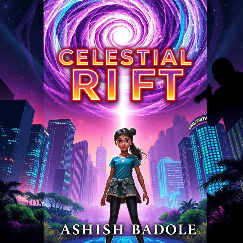 Book cover for 'Celestial Rift' featuring Nova Prime's vibrant skyscrapers and bioluminescent gardens illuminated under a swirling cosmic rift