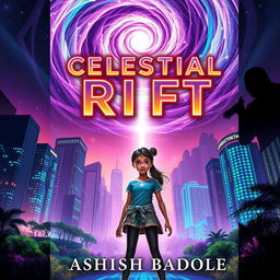 Book cover for 'Celestial Rift' featuring Nova Prime's vibrant skyscrapers and bioluminescent gardens illuminated under a swirling cosmic rift