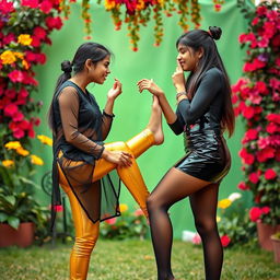 A vibrant and stylistic scene featuring two Indian teenage girls in a playful and affectionate moment