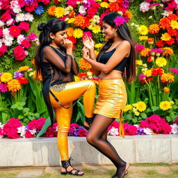 A vibrant and stylistic scene featuring two Indian teenage girls in a playful and affectionate moment