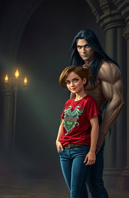 In a dimly lit ancient chamber, a handsome Dark Lord stands tall with a strong, athletic build