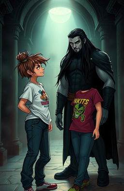 In a dimly lit ancient chamber, a handsome Dark Lord stands tall with a strong, athletic build