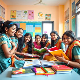 A vibrant and lively classroom scene with a group of Indian school girls sitting together