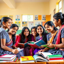 A vibrant and lively classroom scene with a group of Indian school girls sitting together