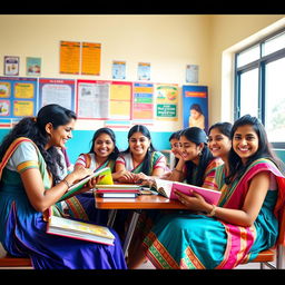 A vibrant and lively classroom scene with a group of Indian school girls sitting together